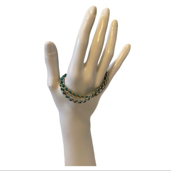 Teal Green & Gold Double Chain Bracelet w/ decorative toggle clasp. - Picture 4 of 6